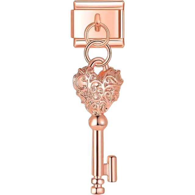 Rose-gold dangling charm featuring an ornate heart-shaped top and a key design Italian charm bracelet link