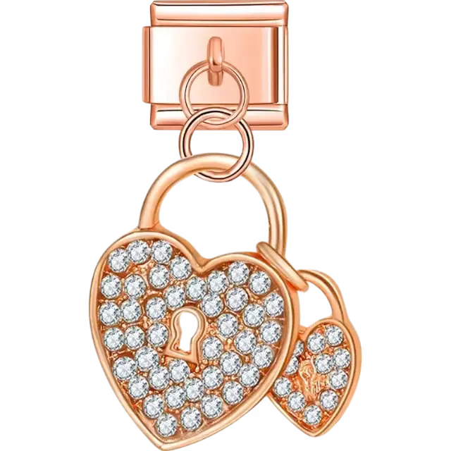 Rose-gold dangling charm with two heart-shaped padlocks encrusted with sparkling crystals Italian charm bracelet link