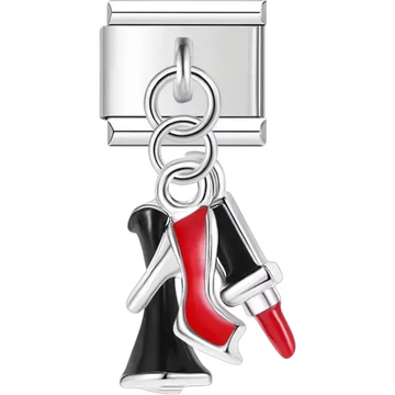 Silver dangling charm featuring a black heel, red stiletto, and matching red lipstick Italian charm bracelet link