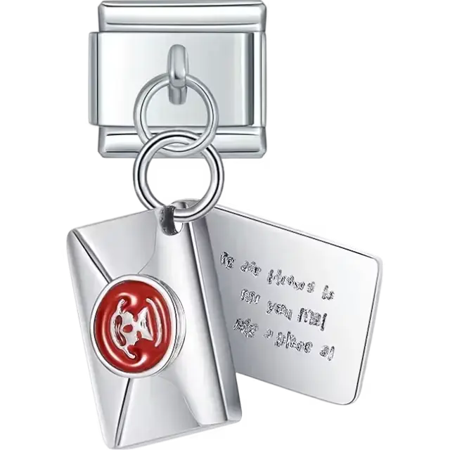 Dangling letter design with red seal and engraved text on an open envelope Italian charm bracelet link