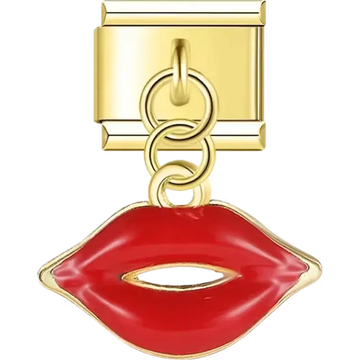 Red lips design with gold accents and a dangling feature Italian charm bracelet link