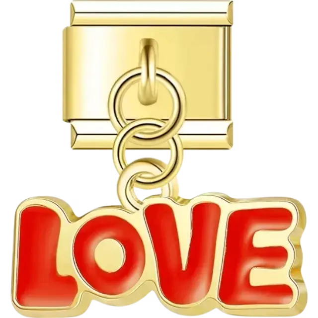 Red "LOVE" text design with bold gold edging and a dangling feature Italian charm bracelet link