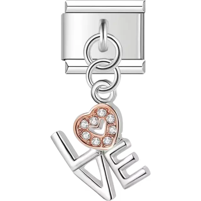 Silver dangling charm with the word "LOVE" and a rose-gold heart encrusted with crystals Italian charm bracelet link