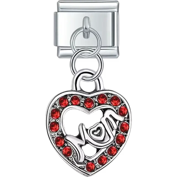 Dangling heart design with "Mom" text and red gemstones Italian charm bracelet link
