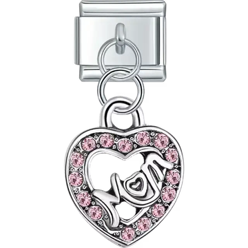Dangling heart design with "Mom" text and pink gemstones Italian charm bracelet link