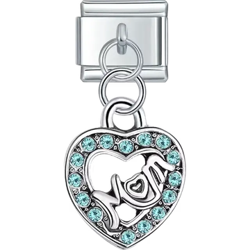 Dangling heart design with "Mom" text and light blue gemstones Italian charm bracelet link