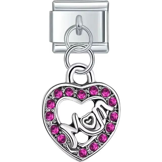 Dangling heart design with "Mom" text and purple gemstones Italian charm bracelet link
