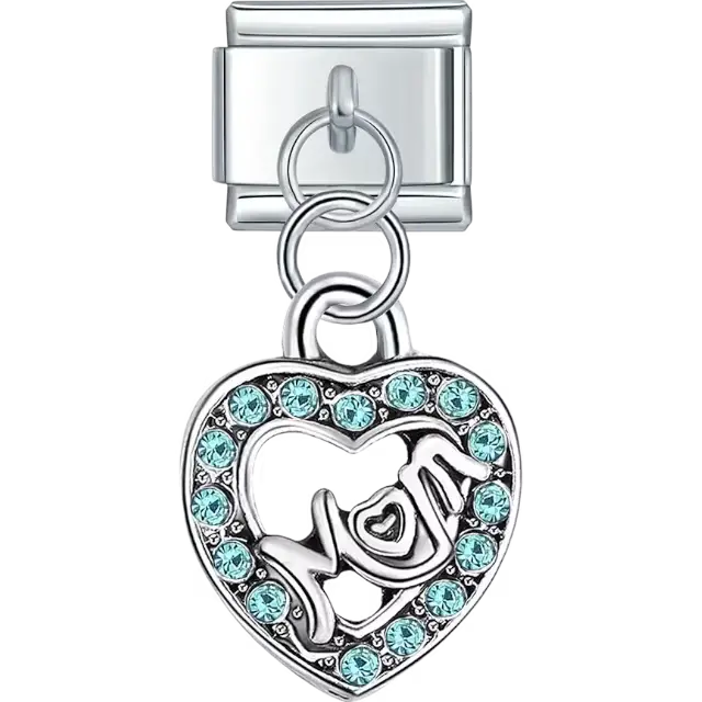 Dangling heart design with "Mom" text and light blue gemstones Italian charm bracelet link