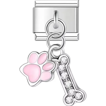 Silver dangling charm featuring a pink paw and a crystal-studded bone Italian charm bracelet link