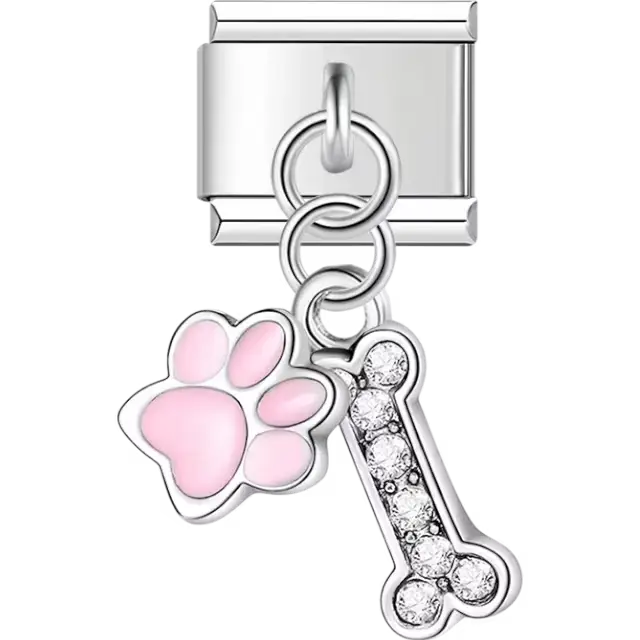 Silver dangling charm featuring a pink paw and a crystal-studded bone Italian charm bracelet link