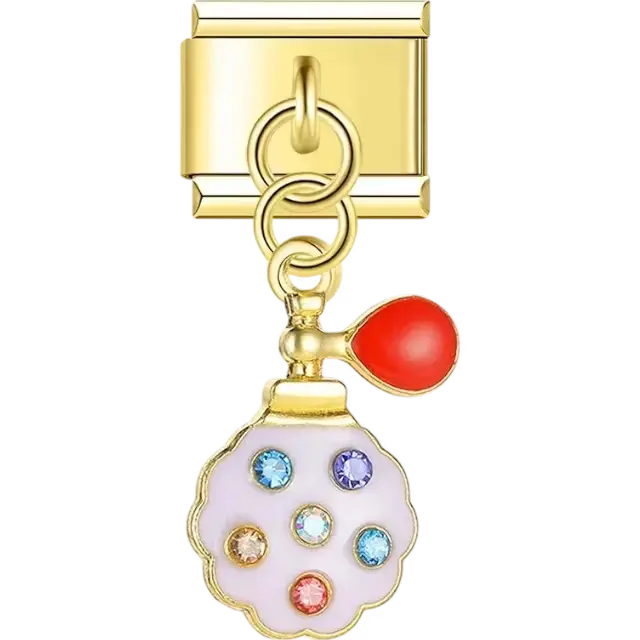 Perfume bottle design with a red pump, white body, and colorful gemstones Italian charm bracelet link