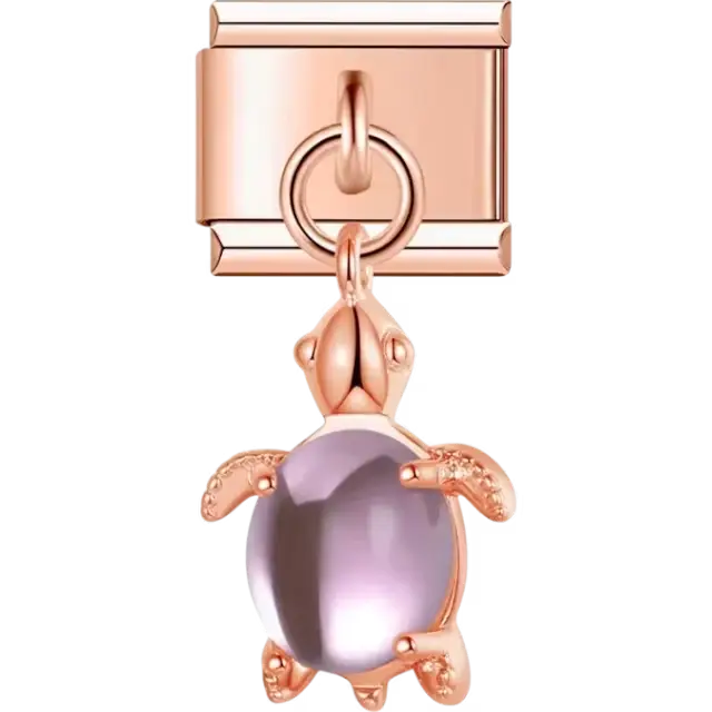 Silver dangling turtle charm featuring a glossy purple shell Italian charm bracelet link