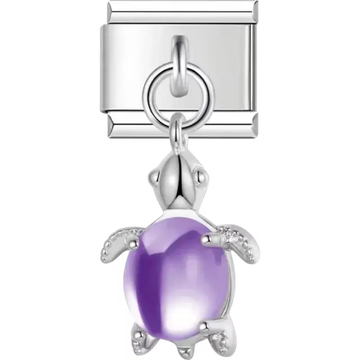Silver dangling turtle charm featuring a glossy purple shell Italian charm bracelet link