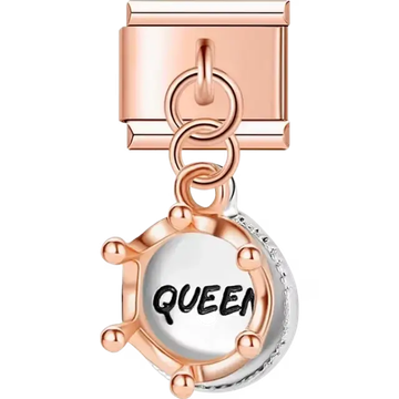 Rose-gold dangling crown charm with the word "QUEEN" in bold black letters Italian charm bracelet link