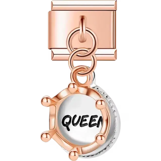 Rose-gold dangling crown charm with the word "QUEEN" in bold black letters Italian charm bracelet link