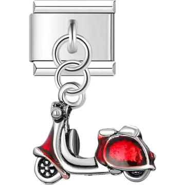 Silver dangling charm featuring a red scooter design Italian charm bracelet link