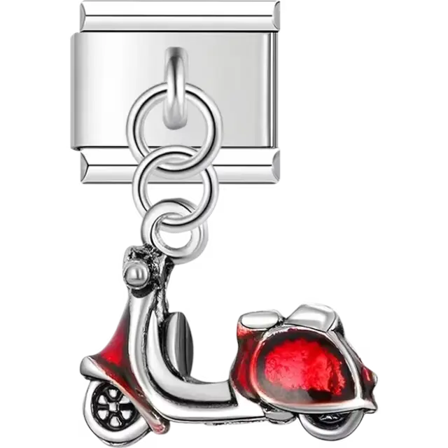 Silver dangling charm featuring a red scooter design Italian charm bracelet link