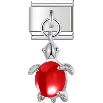 Silver dangling turtle charm featuring a bright red shell Italian charm bracelet link