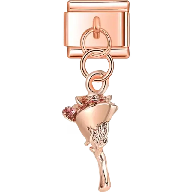 Dangling rose design with pink gemstones on the petals and detailed stem and leaves Italian charm bracelet link
