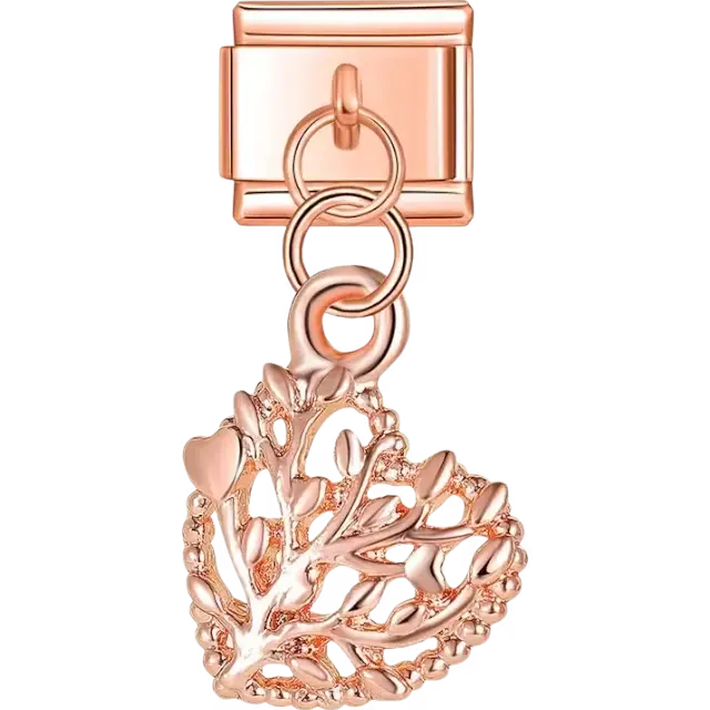 Dangling heart design featuring a delicate tree of life pattern with textured details Italian charm bracelet link
