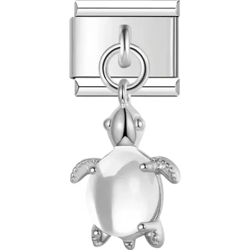 Silver dangling turtle with detailed flippers and a smooth shell Italian charm bracelet link