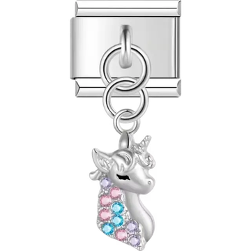 Dangling unicorn design featuring multicolored gemstones in pink, blue, and purple Italian charm bracelet link