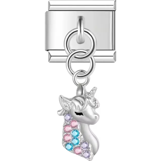 Dangling unicorn design featuring multicolored gemstones in pink, blue, and purple Italian charm bracelet link
