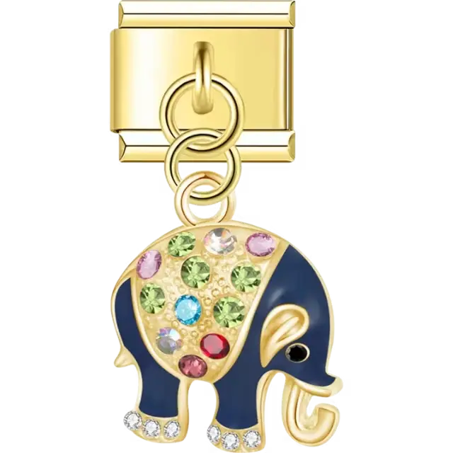 Gold and blue elephant dangle with multicolored gemstones and crystal-accented feet Italian charm bracelet link