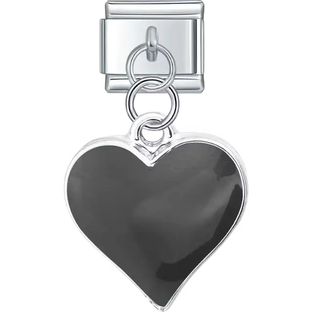 Dark grey heart design in a dangle style Italian charm bracelet link