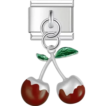 Dark red cherry pendant with green leaves Italian charm bracelet link