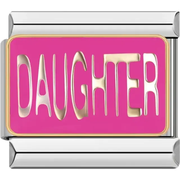Bright pink background with gold "DAUGHTER" text Italian charm bracelet link