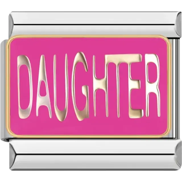 Bright pink background with gold "DAUGHTER" text Italian charm bracelet link