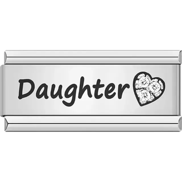 Black text "Daughter" with a crystal-filled heart Italian charm bracelet link