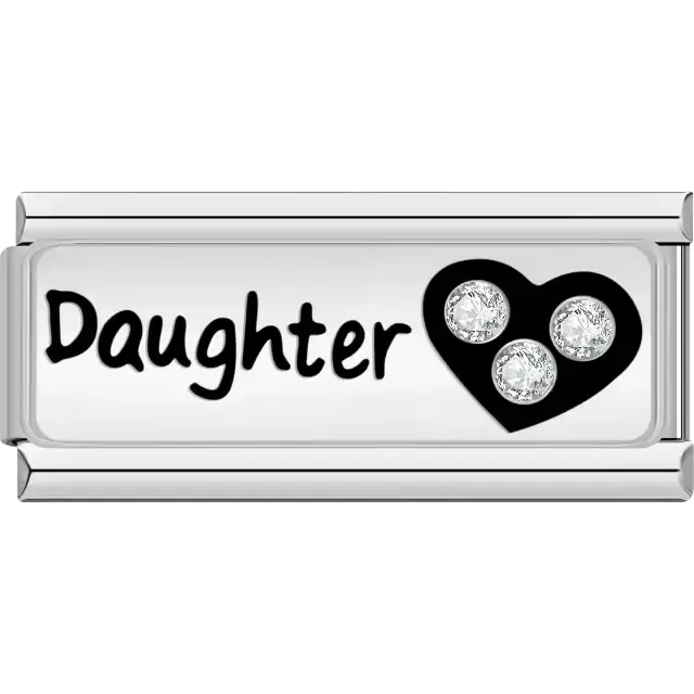Black "Daughter" text with black heart and three white crystals Italian charm bracelet link