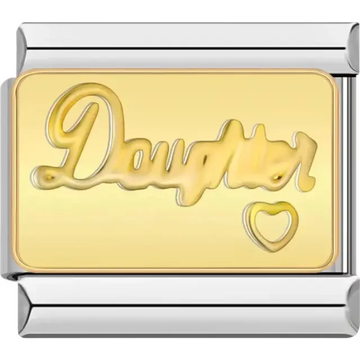 Gold-tone "Daughter" text design with a heart accent Italian charm bracelet link