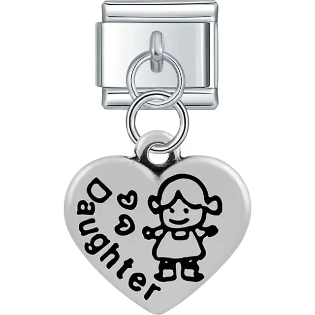 Heart with "Daughter" text girl figure hearts dangle Italian charm bracelet link
