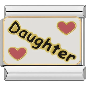 “Daughter” text with two red hearts Italian charm bracelet link
