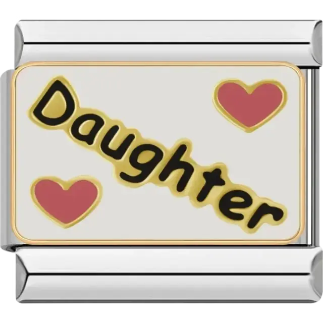 “Daughter” text with two red hearts Italian charm bracelet link