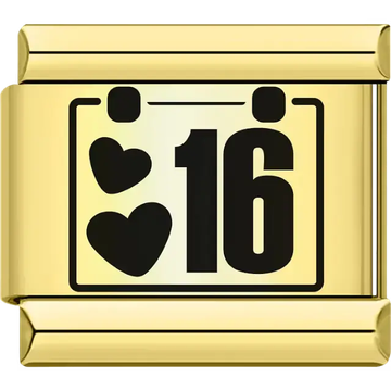 Black hearts with the number "16" calendar design Italian charm bracelet link