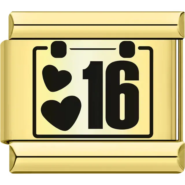 Black hearts with the number "16" calendar design Italian charm bracelet link