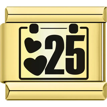 Black hearts with the number "25" calendar design Italian charm bracelet link