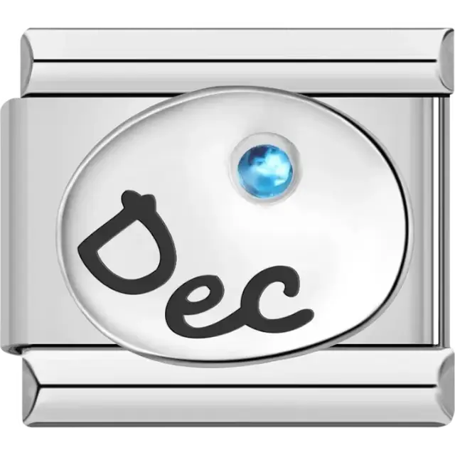 "Dec" text with a turquoise-inspired blue birthstone in an oval detail Italian charm bracelet link