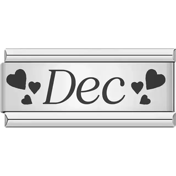 Black text spelling "Dec" surrounded by small and large black hearts Italian charm bracelet link