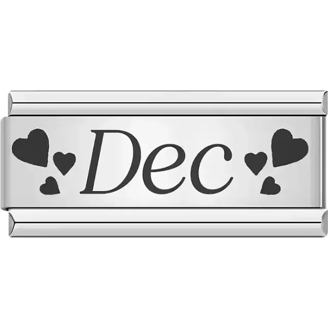 Black text spelling "Dec" surrounded by small and large black hearts Italian charm bracelet link