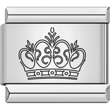 Black decorative crown with intricate swirl details and rounded base Italian charm bracelet link