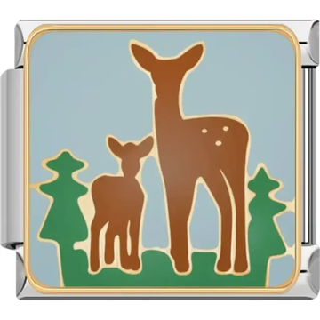 Brown deer and fawn silhouette with green trees and blue sky design Italian charm bracelet link