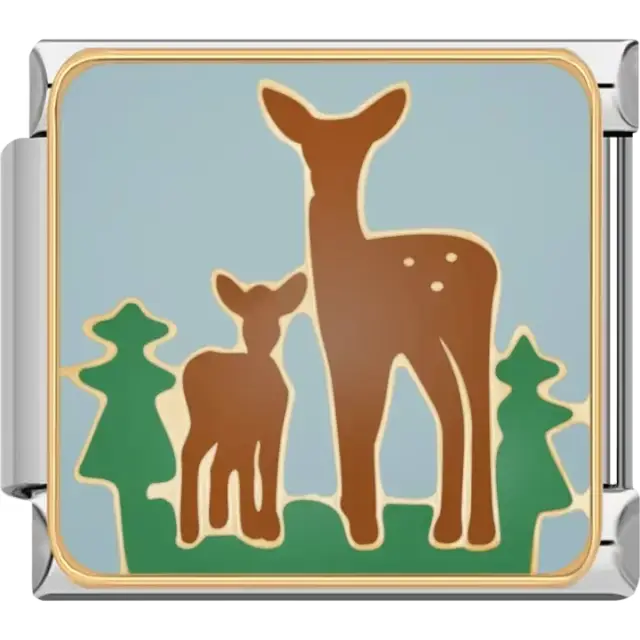 Brown deer and fawn silhouette with green trees and blue sky design Italian charm bracelet link