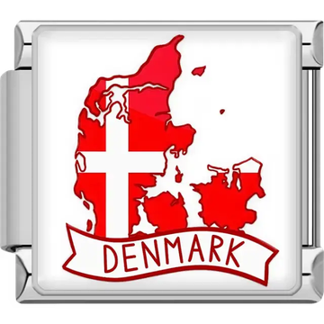 Red and white map of Denmark with white cross and Denmark banner Denmark map flag Italian charm bracelet link