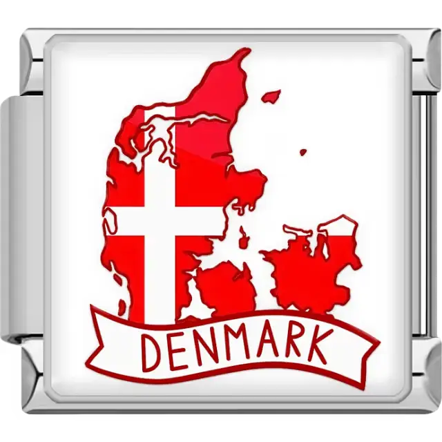 Red and white map of Denmark with white cross and Denmark banner Denmark map flag Italian charm bracelet link