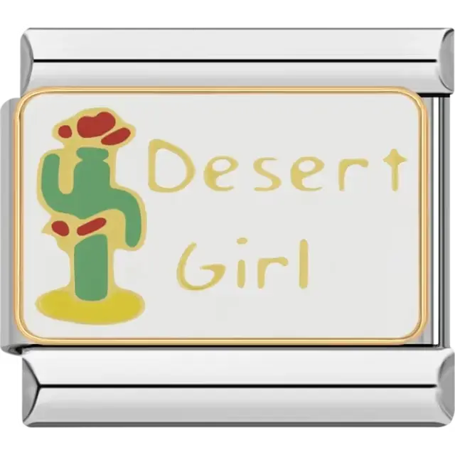 Cactus with red flowers and "Desert Girl" text Italian charm bracelet link